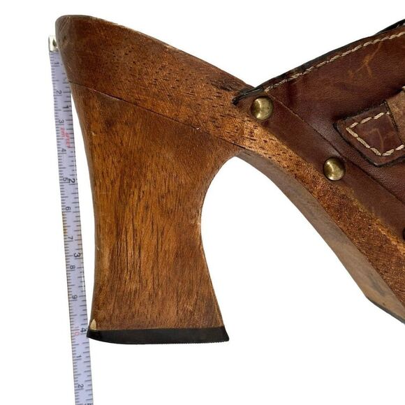 MIA Wooden Clogs Mules Y2K Brown Distressed Leather Womens US Size 7 Chunky Heel - Picture 13 of 14